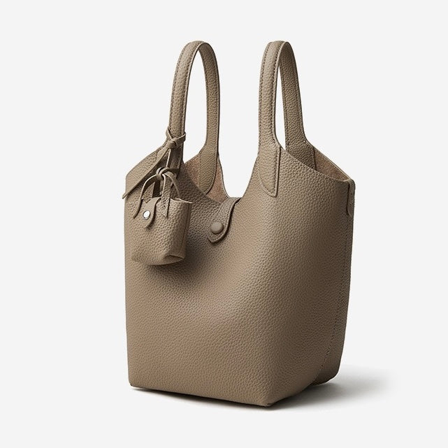 Women's Elegant Pebbled Leather Bucket Bag with Mini Pouch