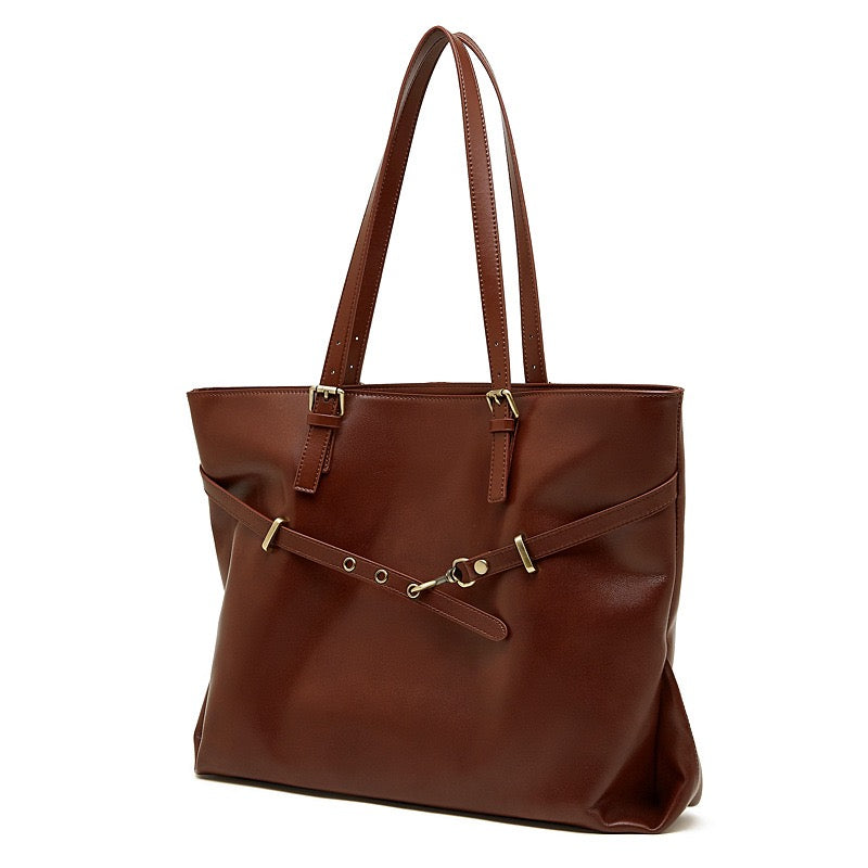 Genuine Leather Casual Tote – Large Capacity with Signature Lock Closure