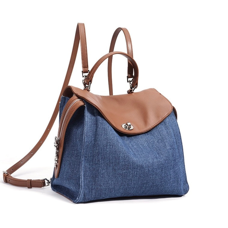 Women’s Genuine Leather & Denim Patchwork Backpack – Large Capacity Commuter Bag